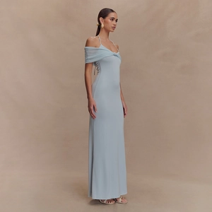 Elegant light blue off-shoulder halter mesh maxi dress with slim fit design