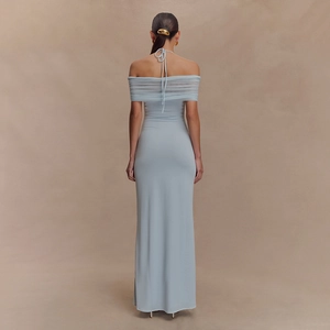 Detail of light blue mesh halter neckline with elegant off-shoulder draping