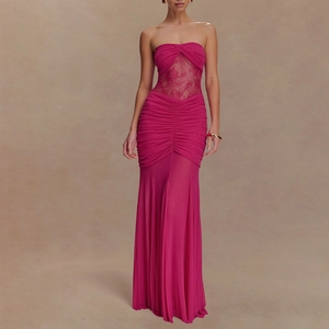 Sexy magenta strapless dress with floral lace bodice and ruched fishtail hemline