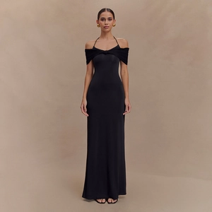 Elegant black off-shoulder mesh maxi dress with halter neckline and knotted chest detail