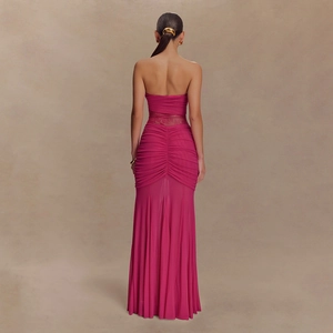 Detail of ruched back and fuchsia lace sheer splicing on a strapless fishtail dress
