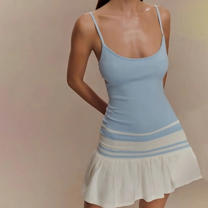 Robe Mini Moulante Sexy Couleur Contrastée Pour Femmes Ourlet à Volants Camisole Sans Manches Summer Party Club Coupe Ajustée Robe Nervurée