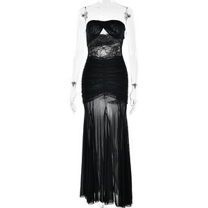 Sexy black lace patchwork strapless dress with ruched detail and sheer mesh long hemline