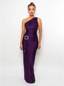Detailed close-up of the square diamond buckle and elegant ruched texture on purple gown