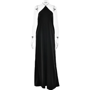 Elegant black halter neck maxi dress with slim fit and high slit design in satin fabric