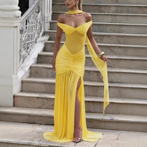 Elegant bright yellow tube dress with mesh splicing, pleats, and high side slit