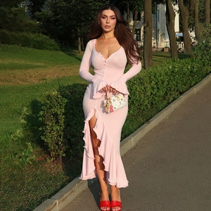 Robe Maxi à Simple Boutonnage Sexy pour Femmes Col en V Manche Cloche Volant Fente Haute Ourlet Ajusté Sirène Robe de Soirée Longue