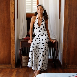 Sexy Women Halter Backless Maxi Dress Deep V Neck Polka Dot Floral Patchwork Summer Beach Vacation Party Casual Long Dress