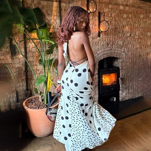 Sexy backless polka dot maxi dress with deep V-neck and crisscross straps for summer