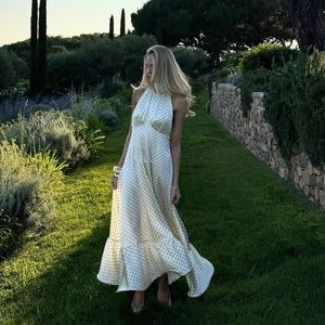 Robe Longue Élégante Femme à Pois en Satin Licou Dos Nu Ourlet à Volants Sexy Vacances d'Été Sans Manches Soirée