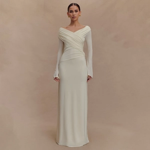 Women Elegant Ruched Long Sleeve Maxi Dress Slim Fit Solid Color V Neck Bodycon Party Evening Floor Length Formal Gown