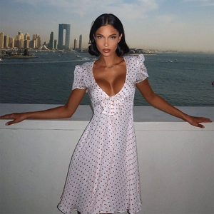 Women Sexy Deep V Neck Polka Dot Mini Dress Summer Puff Short Sleeve Tie Front High Waist Slim Fit A-Line Vacation Beach Dress