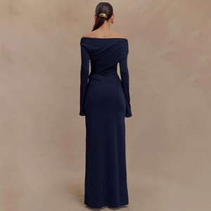 Elegant navy off-shoulder long-sleeved slim dress with ruched back detail and floor-length