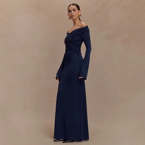 Elegant navy blue off-shoulder pleated maxi dress with long sleeves and a slim fit