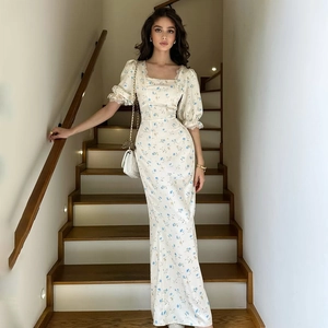 French Vintage Square Neck Puff Sleeve Floral Maxi Dress For Women Elegant Satin Lace Trim Slim Fit High Waist Long Dress