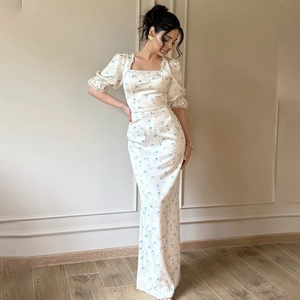 Elegant French square neck floral maxi dress with puff sleeves in cream and blue pattern
