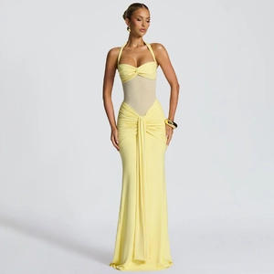 Elegant halter neck bodycon maxi dress in vibrant lemon yellow with pleated mesh detail