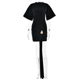 Elegant black bodycon mini dress with ruched waist and gold metal buckle detail