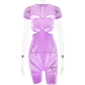 Close-up of lavender hollow-out knit bodysuit featuring intricate wave mesh texture