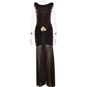 Sexy dark brown ruched sleeveless maxi dress with gold floral brooch and side slit detail