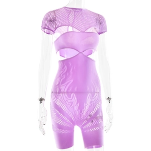 Detail of purple mesh bodysuit featuring hollow-out waist and flame jacquard pattern
