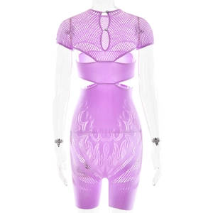 Detail view of purple hollow-out bodysuit with flame pattern mesh and open back design