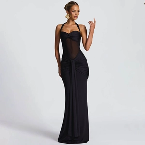 Elegant black halter neck dress with sheer mesh panels and draped ruched side detail