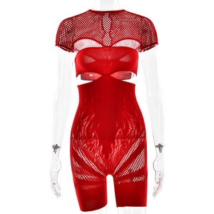 Detail view of red bodysuit featuring fishnet mesh, flame pattern, and waist cut-outs