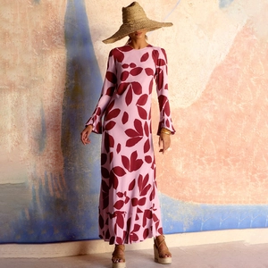 Robe Longue à Manches Longues à Imprimé Floral Vintage pour Femmes Col Rond Bohème Taille Haute Manches Cloche
