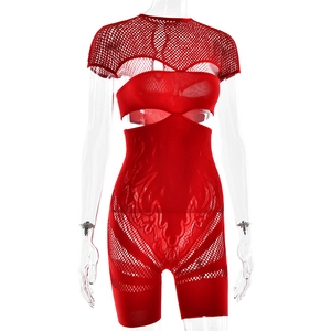 Close-up of red cut-out bodysuit featuring flame patterns and fishnet mesh sleeves