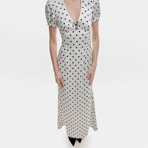 French style white polka dot V-neck midi dress with slim fit waist and bow detail