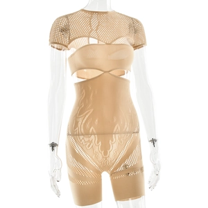 Detail of nude bodysuit featuring sheer mesh cutouts and flame jacquard texture design