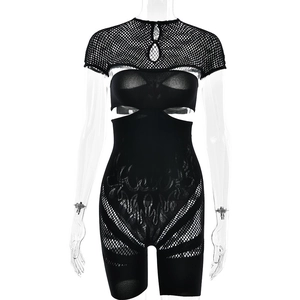 Sexy black hollow-out mesh jumpsuit with floral knit pattern and high elasticity