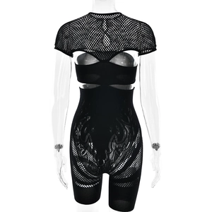 Detail of black mesh cutout bodysuit showing high-elastic honeycomb mesh texture