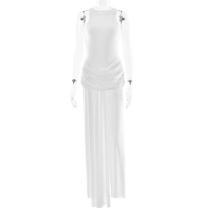 Robe longue blanche sans manches élégante avec taille froncée et coupe ajustée
