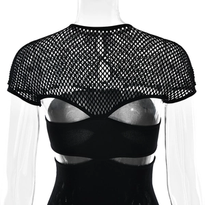 Close-up of black fishnet mesh hollow out short shrug with high elasticity texture