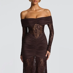 Detailed view of the dark brown off-shoulder dress with lace sleeves and pleated texture