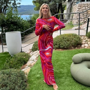 Sexy multi-color psychedelic swirl print mesh maxi dress with long sleeves and high neck