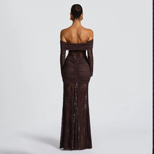 Detailed back view of a chocolate brown off-shoulder lace dress with ruched sleeves