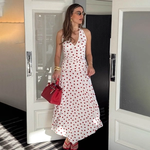French Sweet Halter V-Neck Polka Dot Maxi Dress Women Summer Backless Pleated Elegant Vacation A-Line Long Sundress