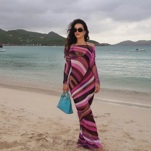 Sexy mesh patchwork printed long dress with off-shoulder neckline and slim fit silhouette