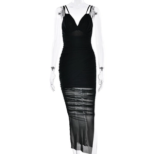 Sexy black deep V-neck bodycon dress with ruching and sheer mesh patchwork hem