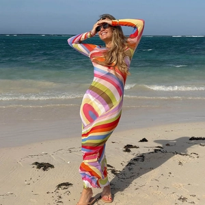 Close-up of rainbow striped mesh fabric on a bodycon long sleeve maxi dress
