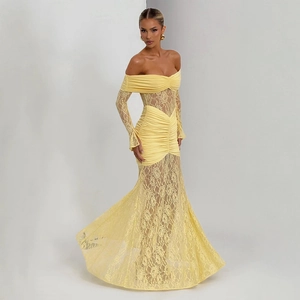 Elegant off-shoulder yellow lace evening gown with long sleeves and pleated body mermaid hem
