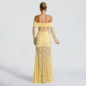 Elegant light yellow off-the-shoulder lace mermaid evening dress with long sheer sleeves