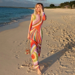 Women Sexy Mesh See Through Maxi Dress Long Sleeve Abstract Print Slim Fit Beach Vacation Bodycon Long Dress