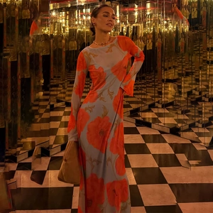 Detail of slim fit long sleeve maxi dress with bold poppy print in a mirrored room setting