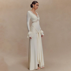Elegant off-white V-neck long sleeve maxi dress with lace trim and pleated waist detail