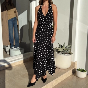 Vintage halter neck polka dot maxi dress with pleated waist and V-neckline