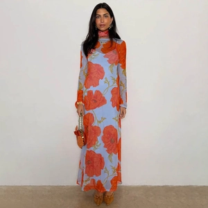 Women Sexy Mesh See Through Maxi Dress Long Sleeve Floral Print Irregular Slim Fit Bodycon Dress For Party Vacation